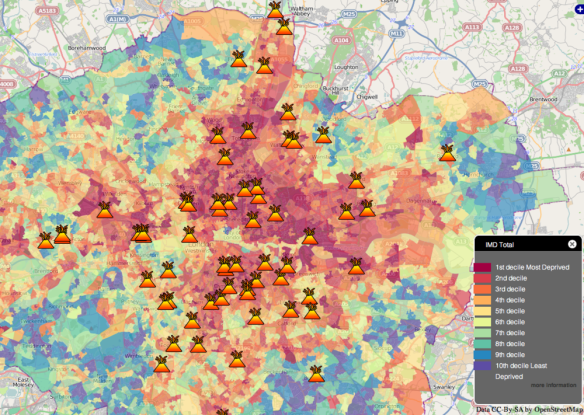Map of confirmed #londonriots locations overlaid on choropleth map of deprivation index