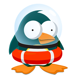 Cartoon penguin in life preserver and goldfish bowl helmet.