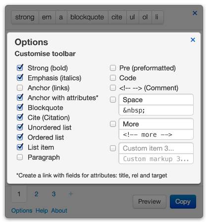 Citation bookmarklet: Toolbar options